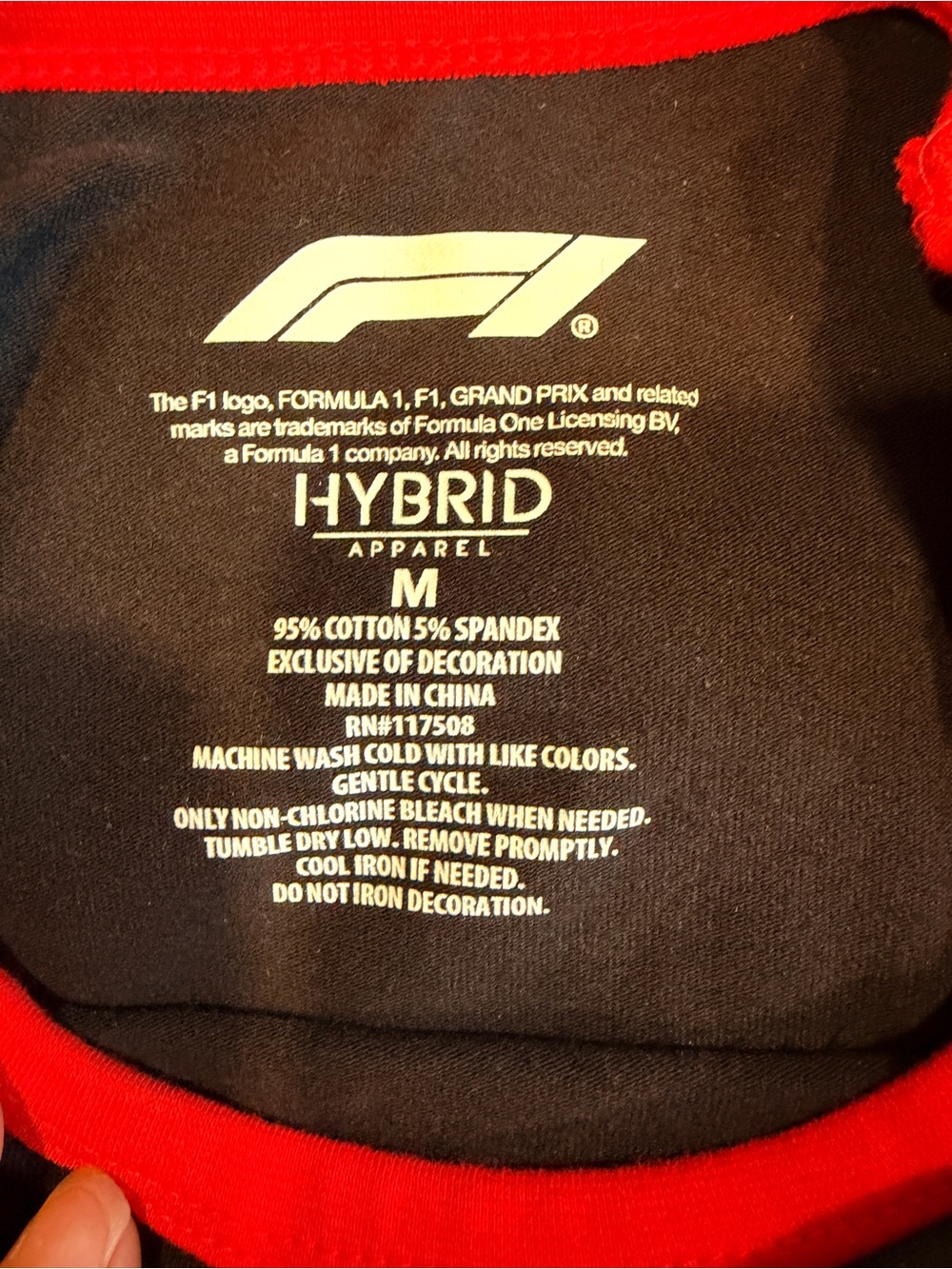 Hybrid Apparel Black Tee with Red Trim and White F1 Logo - Picture 4 of 6